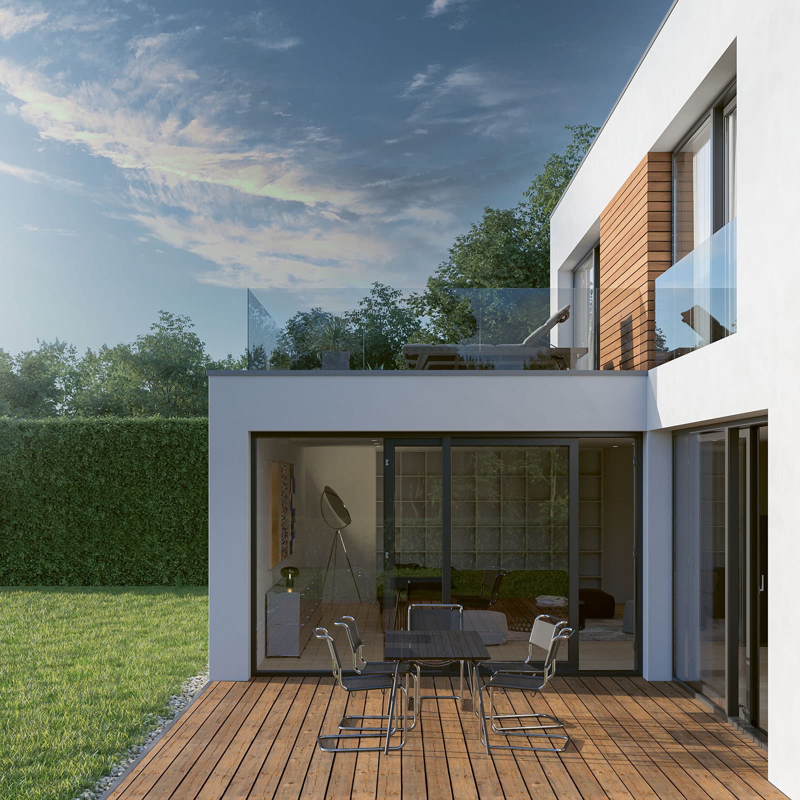 Moderne Hebe-Schiebetür zur Holzterrasse mit Garten